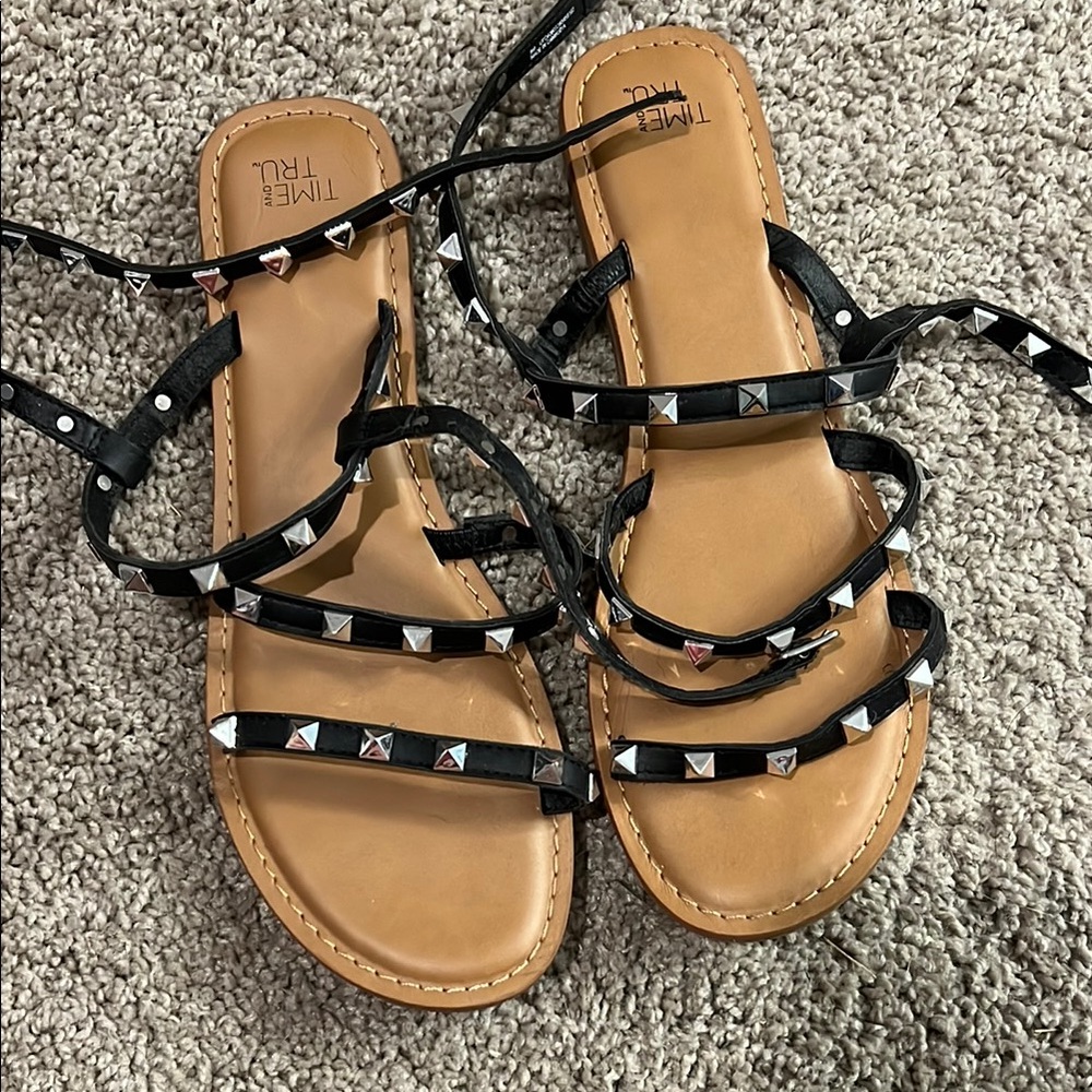 Time and Tru Black and Tan Studded Sandals